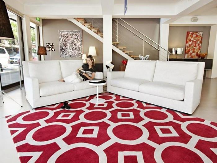 שטיח סלון באדום לבן עם דוגמה רעננה